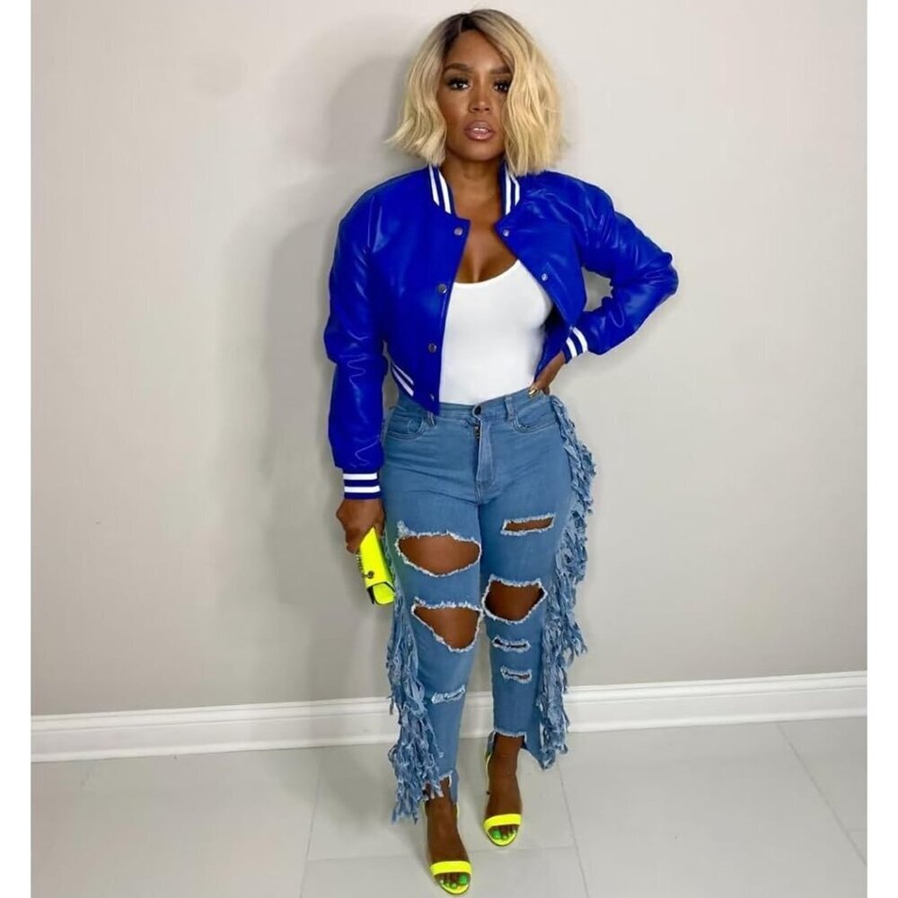 Women Blue Varsity Long Sleeve Button Down Bomber Casual Baseball Jacket - Picture 3 of 5